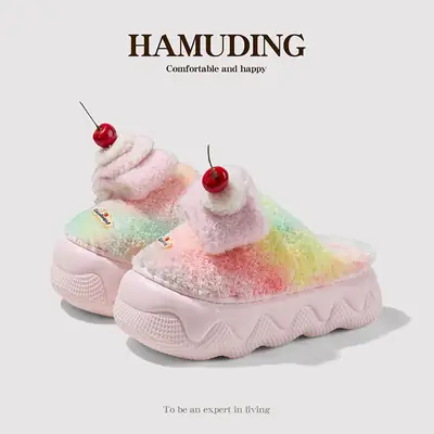 Qidan Shoe Factory Cotton Slippers for Women in Autumn and Winter Cute Home Indoor Thick-Soled Non-Slip Fleece-Lined Warm Furry Slippers for Women