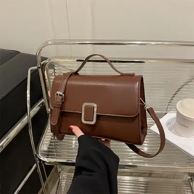 Women's Brown Square Satchel Bag with Metal Clasp