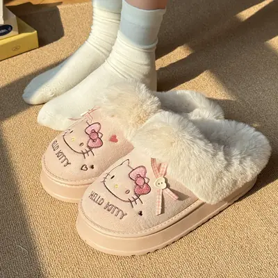 Nanbowan Genuine Kt Cat Cotton Slippers for Women in Autumn and Winter Cute Home Fleece-Lined Warm Outer Wear Furry Slippers for Women