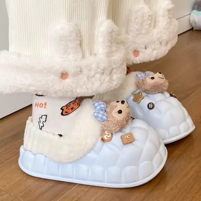 Cute Bear Removable Cotton Slippers Women Winter Warm Waterproof
