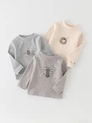 Infant Long Sleeve T-Shirt Set Gray Beige Cartoon Print