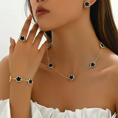 Gold Plated Black Stone Flower Necklace Set for Women