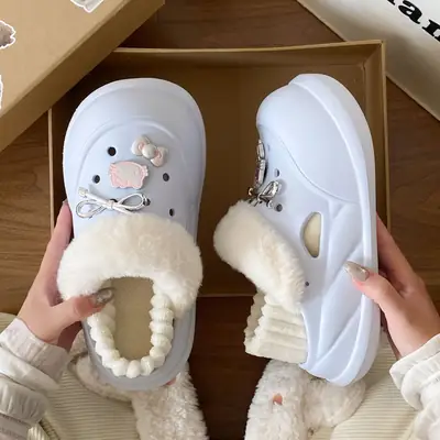 White Furry EVA Casual Slippers for Women Winter