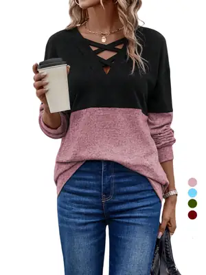 Women V-Neck Cross Block Patchwork T-Shirt Black Pink