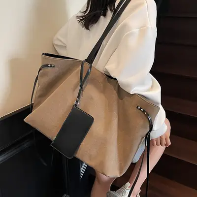 Women's Canvas Shoulder Bag Brown Black Zippered Pocket