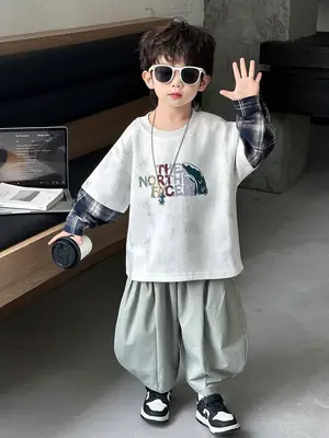 Boys 2-Piece Sweatshirt Set Light Green Plaid Long Sleeve T-Shirt
