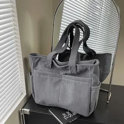 2025 Grey Corduroy Shoulder Bag Women Large Capacity