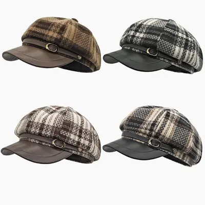 British Plaid Octagonal Hat Warm Woolen Newsboy Cap