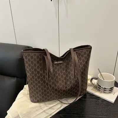 Women Large Printed Tote Bag Brown Leather Textured 2025