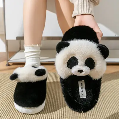 Black and White Panda Cute Cotton Slippers for Women's Home Indoor Plush Slippers Winter Warm Thick-Soled Cotton Slippers