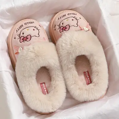Women's Cartoon Kitten Warm Plush Cotton Slippers Brown