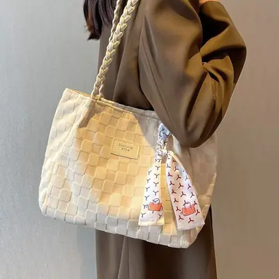 Women's Canvas Shoulder Bag Yellow White Patterned Tassel