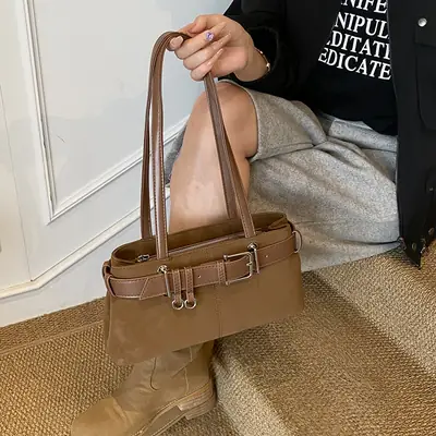 Women Retro Frosted Handheld Tote Bag Brown 2025