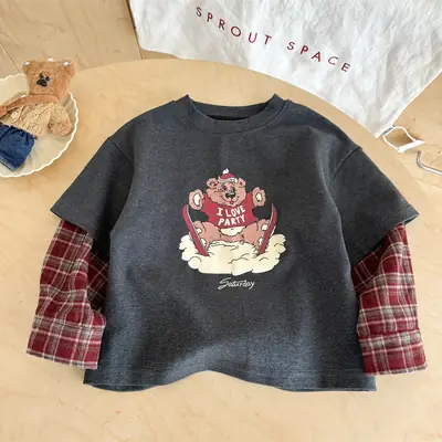 Korean Style Boys Faux Plaid Long Sleeve T-Shirt Grey