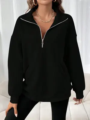 Black Half-Zip Long Sleeve Sweatshirt for Women