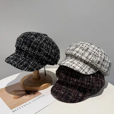 Tweed Face-Slimming Beret for Men Black Winter