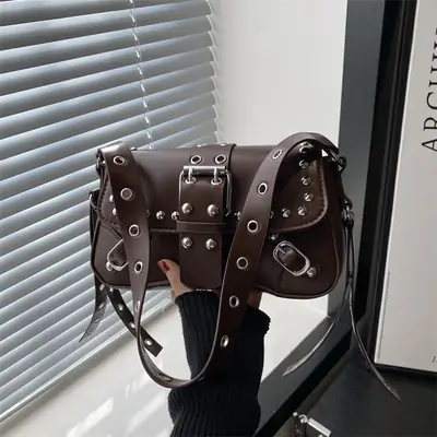 Brown Leather Crossbody Bag with Metal Buckles