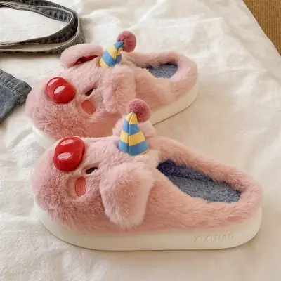Cute Piggy Fur Slippers for Girls Winter Warm Closed-Toe