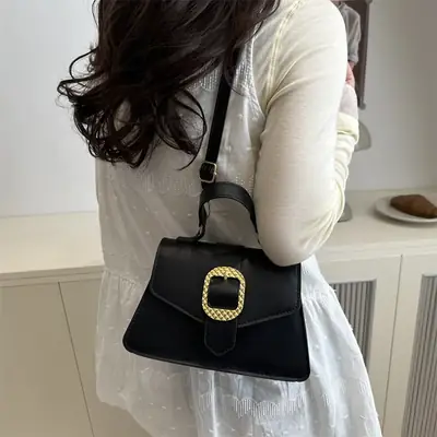 Black Square Crossbody Bag with Gold Buckle 2025