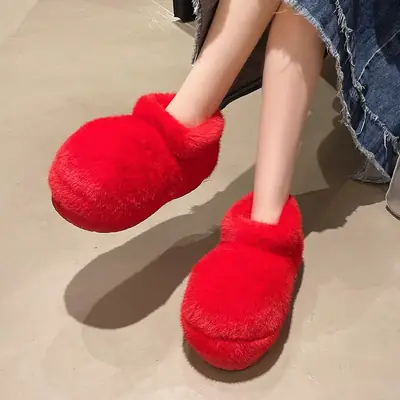 Red Furry Flat Slippers Large Toe Snow Boots
