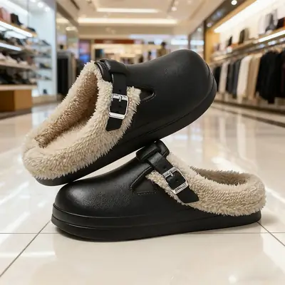 Women Winter Fleece Lined Toe Cap Slippers Black