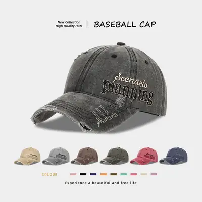 Men Distressed Denim Cap with Embroidered Duckbill Design