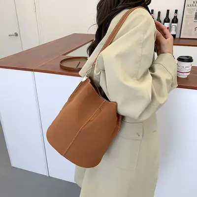 Matte Leather Bucket Bag Large Capacity Crossbody