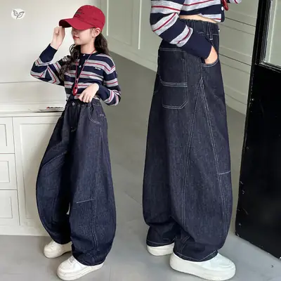 Girls Denim Wide Leg Pants Dark Blue 2025