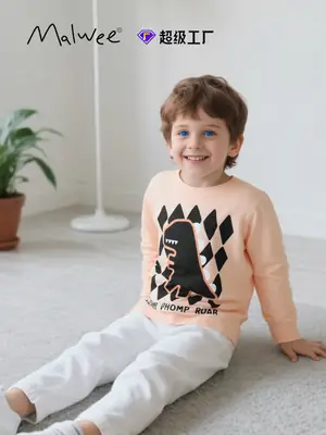 Cross-Border Malwee Boys Round Neck Shirt Peach Black Graphic