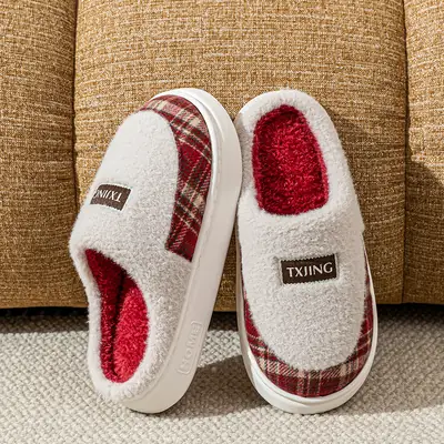 Winter Thick-Soled Plush Cotton Slippers for Women Indoor Home Fleece-Lined Warm Couple Fashion Two-Color Splicing Confinement Cotton Slippers