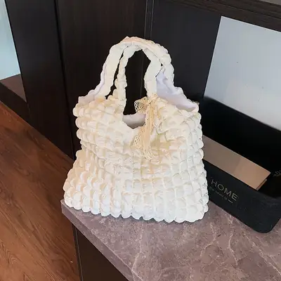 White Pleated Bubble Nylon Handbag for Women