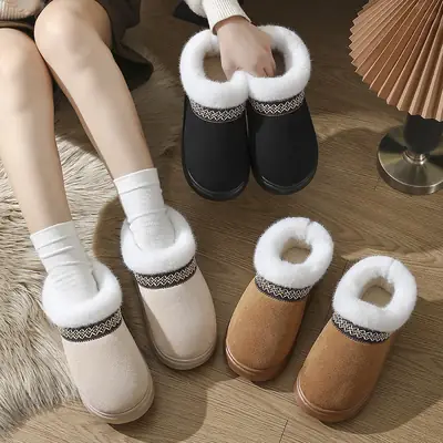 New Autumn and Winter Lace Ethnic Style Fashionable Fur-Covered All-Inclusive Cotton Shoes for Men and Women, Indoor and Outdoor Cotton Slippers for Couples