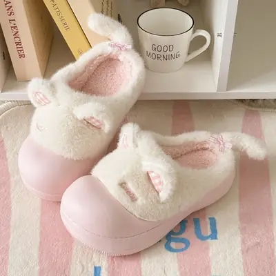 Pink Cartoon Slippers for Women Winter Warm Fleece Lined