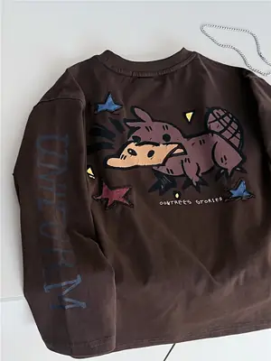 2026 Boys Long Sleeve Korean Style T-Shirt Brown Applique Embroidery