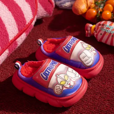 Ultraman Kidsren's Cotton Slippers for Boys Autumn and Winter Cartoon Indoor Non-Slip Medium and Large Kidsren's Warm Plush Home Cotton Shoes