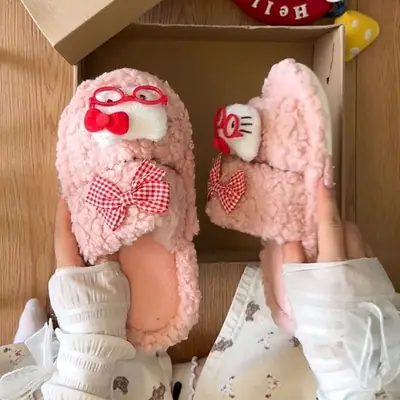 Winter Cotton Slippers for Women Red Bow Soft Warm