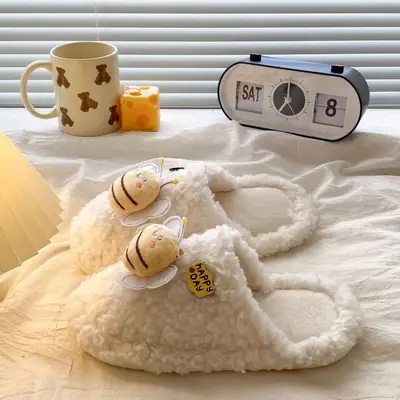 Winter Women's Furry Bee Slippers Soft Cotton Warm