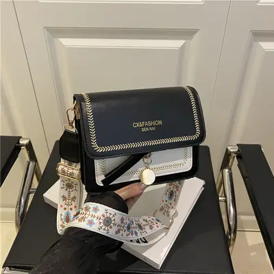 Women's Black Contrasting Square Shoulder Bag with Embroidered Strap