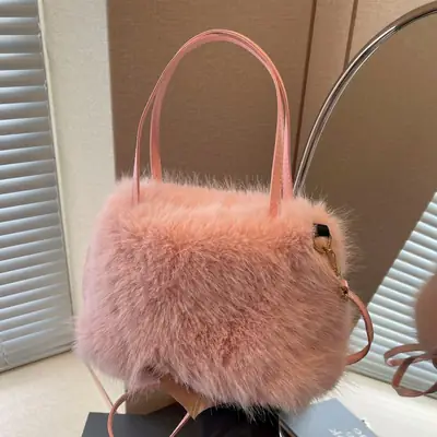 Pink Faux Fur Satchel Bag for Women
