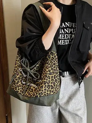 Leopard Print Denim Shoulder Crossbody Bag Large Capacity 2025