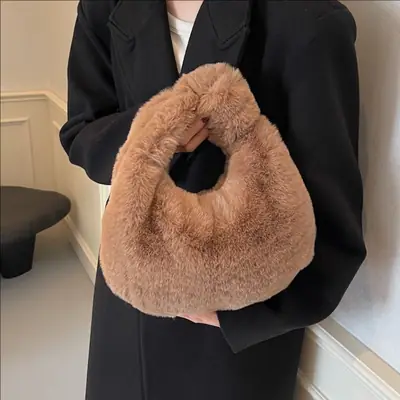 Women Winter Fleece Shoulder Bag Brown Soft Warm