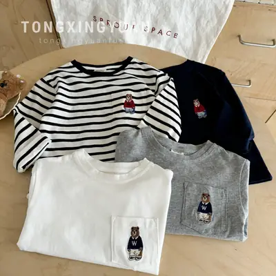 Children Long Sleeve T-Shirt Gray Bear Print Cross Border