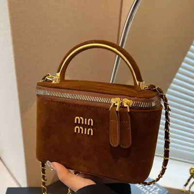 Women's Brown Suede Crossbody Bag with Gold Handle