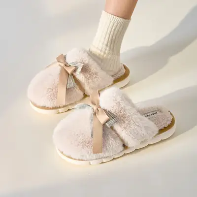 Women Bow Cotton Furry Slippers Warm Winter Home