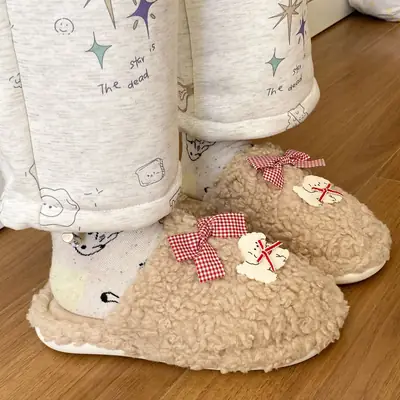Winter Cartoon Bow Plush Cotton Slippers for Women
