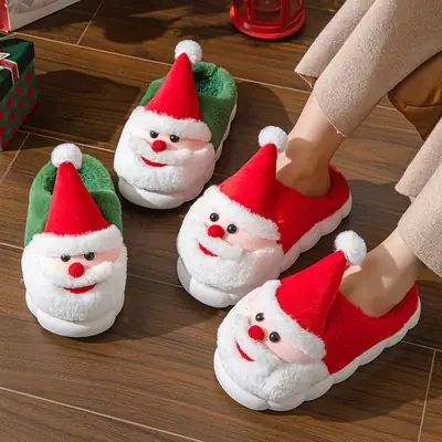 Santa Hat Slippers Women Men Warm Cotton Thick Non-Slip