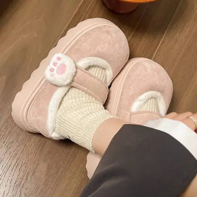 Cute Cat Paw Velcro Winter Fleece Slippers