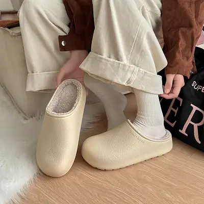 Women's Cotton Fleece Lined Slippers Beige Winter Warm