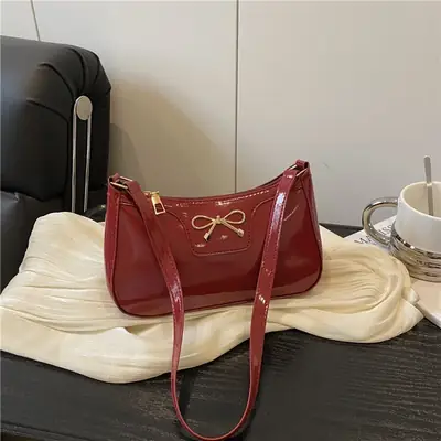Korean Bow Shoulder Bag for Women Red Leather