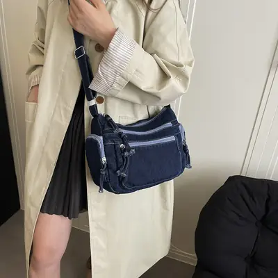 Denim Crossbody Bag for Women Multi-Zipper Commuter Phone Bag